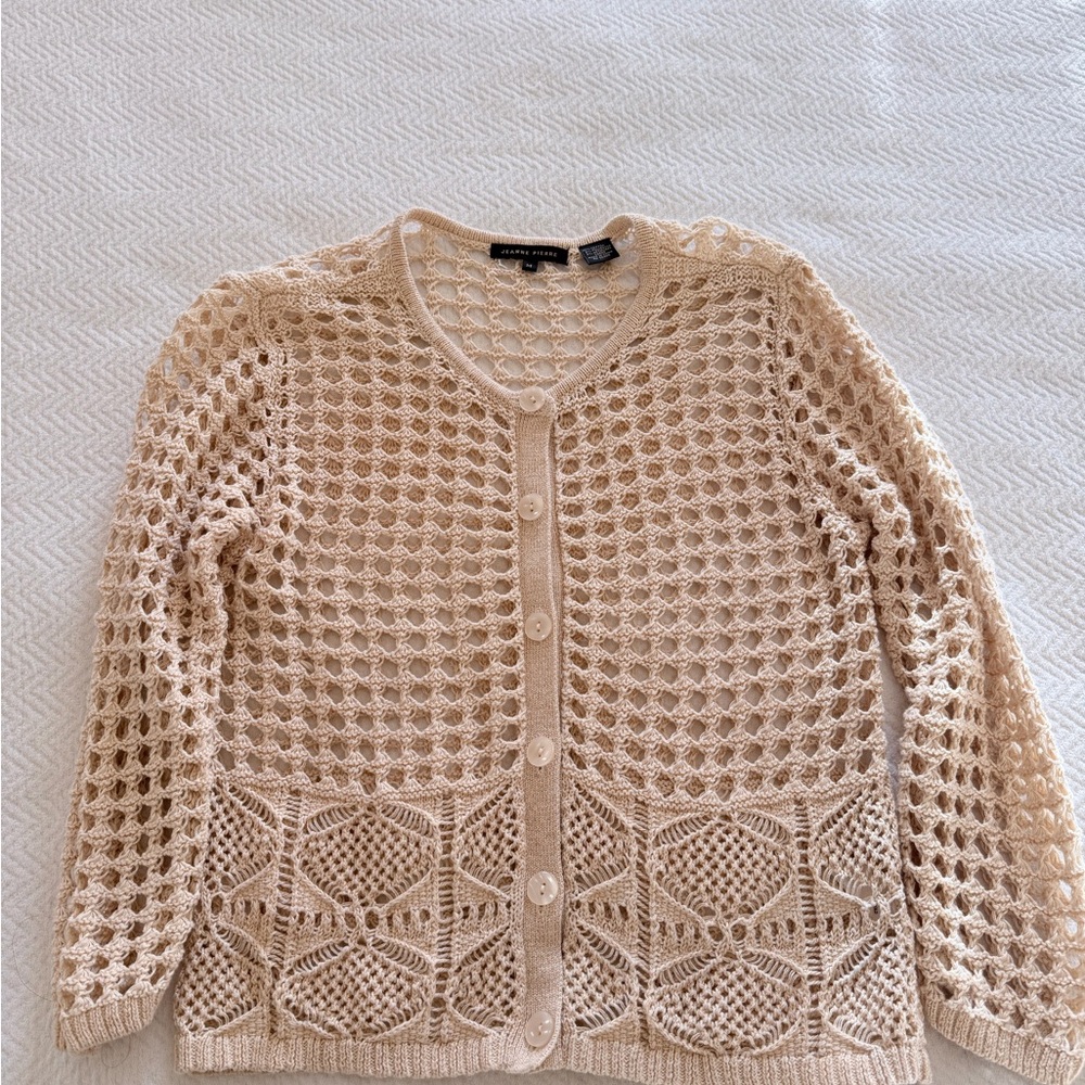 💫 Cream Crochet Open-Knit Cotton Cardigan With buttons size M JEANNE PIERRE